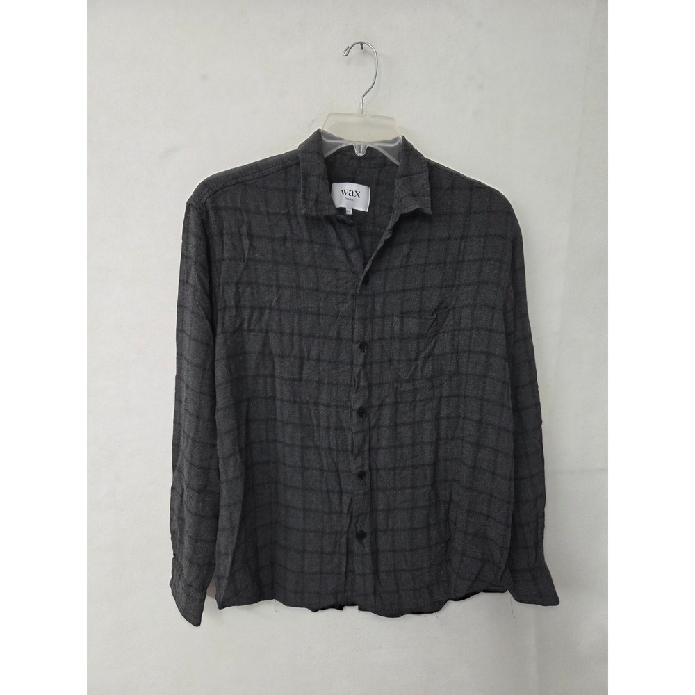 Wax London Oz Cheesecloth Shirt Mens L XL Charcoal Grey Check Viscose Button Up